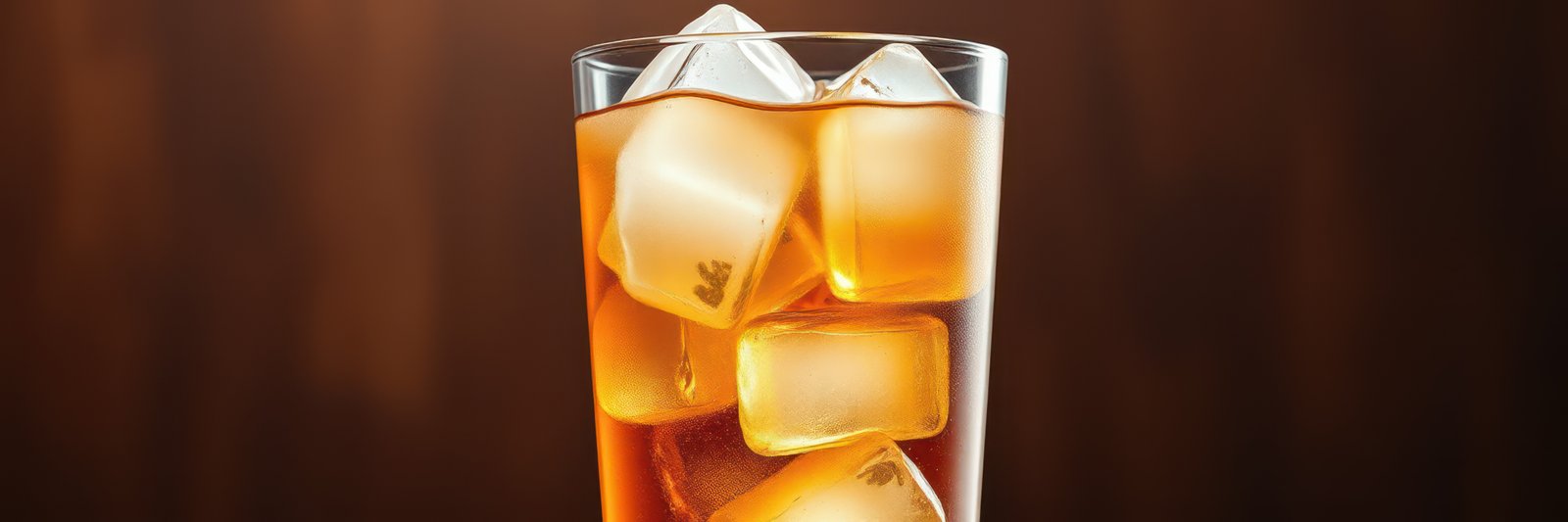 Refreshing iced drink served in a glass with ice cubes on a wooden background during summer